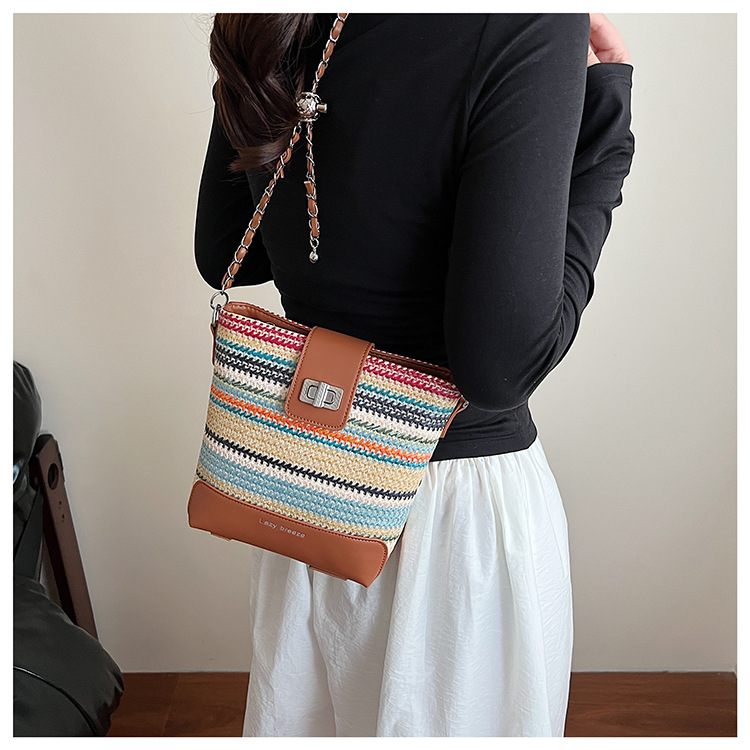 Seaside vacation beach rainbow woven bag for women 2025 Summer New style fashionable, simple, casual and high-quality single-shoulder bucket bag undefined