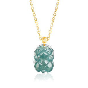 Natural A Jade Blue Water Small Pixiu Pendant 18K Gold Buckle Set with Ice Jade Stone Piqiu Women's Jade Pendant