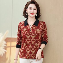 2024秋季新款小衫薄妈妈装长袖女士打底衬衫中老年上衣女印花
