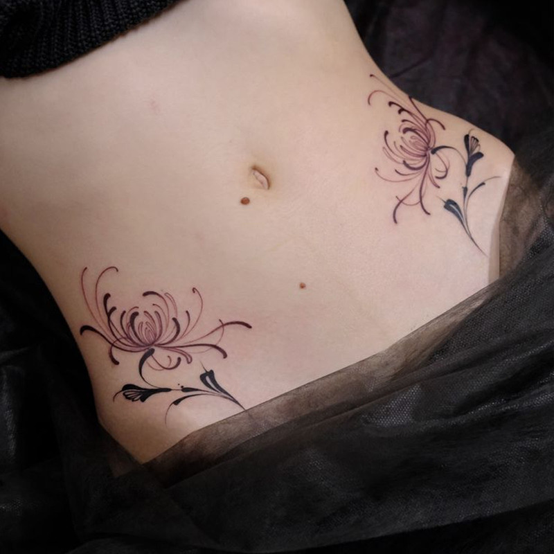 Dark Style Flower Tattoo Stickers, Black and Red Line Floral Design, Niche Atmosphere Waterproof Tattoo Stickers