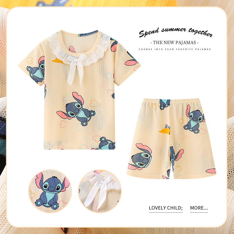 Pijamas de las niñas de verano de dibujos animados para niños de manga corta princesa estilo lindo Delgado medio y grande desgaste del hogar de los niños traje de encaje al por mayor