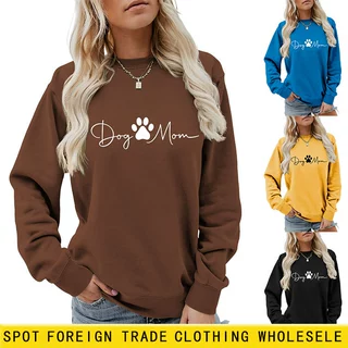 亚马逊wish跨境外贸休闲简约趣味女士dog mom中间脚印秋冬款卫衣