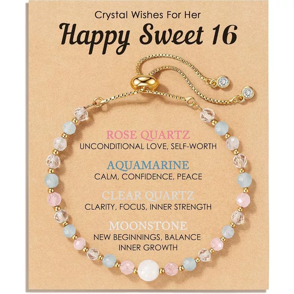 Cross-Border Natural Crystal Bracelet for Girls Aged 11/12/13/16, Birthday Gift, Rose Quartz, Moonstone, Aquamarine