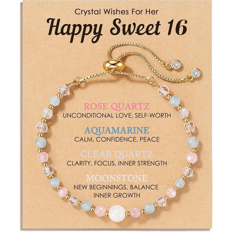Cross-Border Natural Crystal Bracelet for Girls Aged 11/12/13/16, Birthday Gift, Rose Quartz, Moonstone, Aquamarine