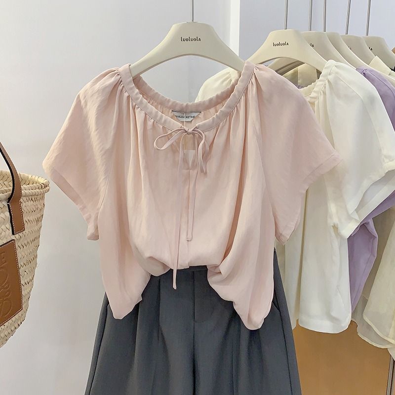2026 New Style Raglan Sleeve Tie-Up Doll Shirt for Women, Summer New Round Neck Pullover Cute Loose Short-Sleeve Shirt 2026 New Style Raglan Sleeve Tie-Up Doll Shirt for Women, Summer New Round Neck Pullover Cute Loose Short-Sleeve Shirt