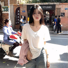 H783ゆったりとしたカジュアルスタイルの無地Vネック半袖レディースTシャツ、夏の新作、シンプルで万能、着痩せ効果あり、トレンド
