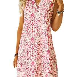 亚马逊印花连衣裙 紧身收腰深V领性感大摆裙 立领门筒衬衣连衣裙