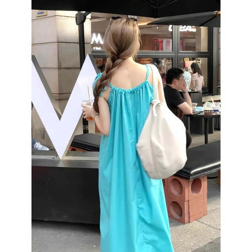 Women's Summer Loose and Slimming A-line Dress with Shoulder Straps, Blue Medium-length Vacation Style Belted Dress, 2025