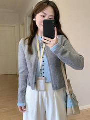 韩系小香风撞色拼接假两件针织开衫女秋季气质显瘦软糯短上衣外套