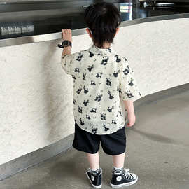 男童2024新款夏装套装夏季洋气卡通熊猫衬衣两件套宝宝薄款透气运
