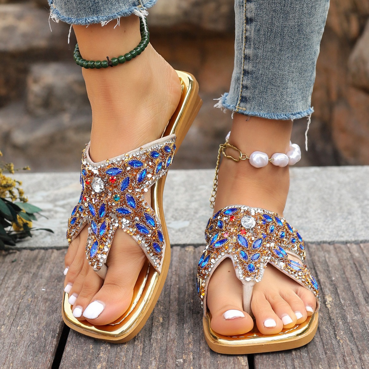 Klapki w stylu boho z ozdobami z diamentów, płaskie, płaskie, z noskiem typu clip nosek, sandały w dużych rozmiarach_voghion.com