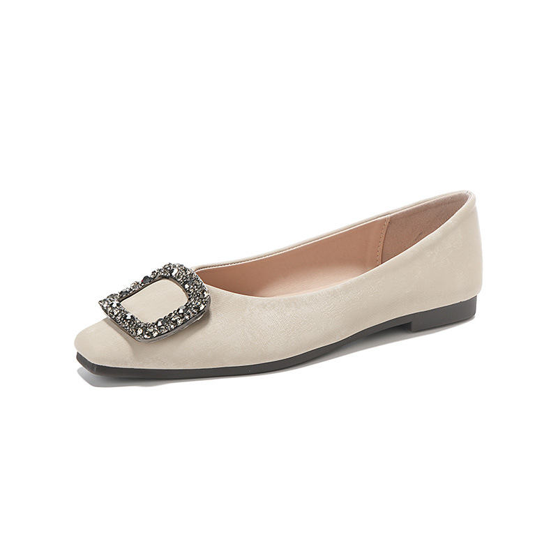 2024 New Square Button Water Diamond Single Shoes Women's Shallow Mouth Square Head Flat Shoes