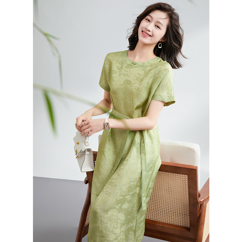 Heavy Weight Silk Dress for Women, Green Mulberry Silk Jacquard, Loose and Elegant, French Style Long Dress, Classy 2026 Summer New Style Heavy Weight Silk Dress for Women, Green Mulberry Silk Jacquard, Loose and Elegant, French Style Long Dress, Classy 2026 Summer New Style