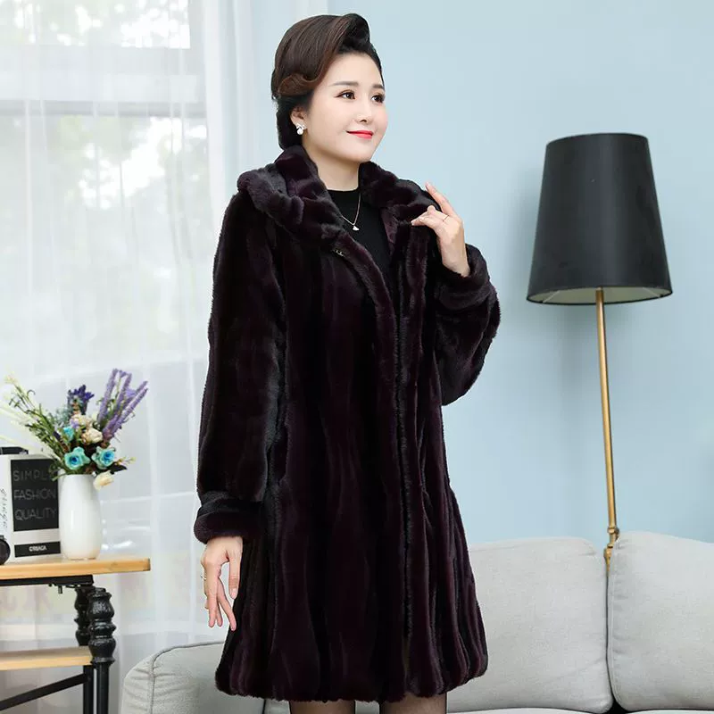 Haining mid-length mink coat for women, whole mink, middle-aged and elderly mothers, thickened mink imitation fur coat, light luxury socialites