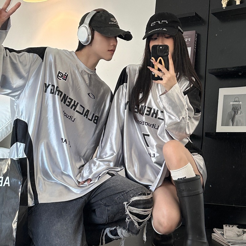 American street style T-shirt for men and women, autumn raglan long sleeve oversized silver sporty jersey trendy couple top