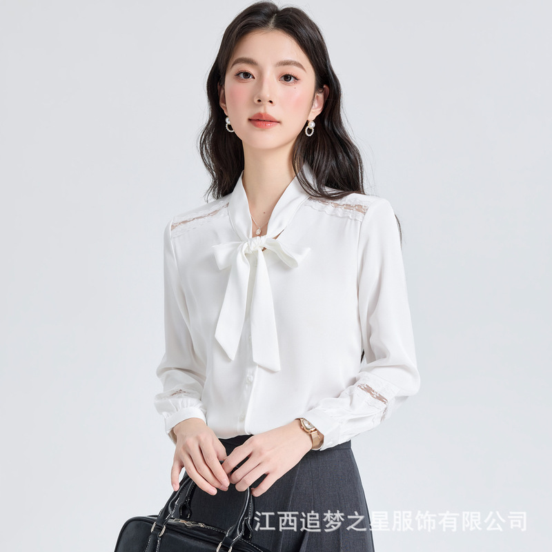 French-Style Bow Tie Shirt, Long-Sleeved Spring and Autumn New White Shirt, Women's Professional Commuting Elegant Chiffon Top
