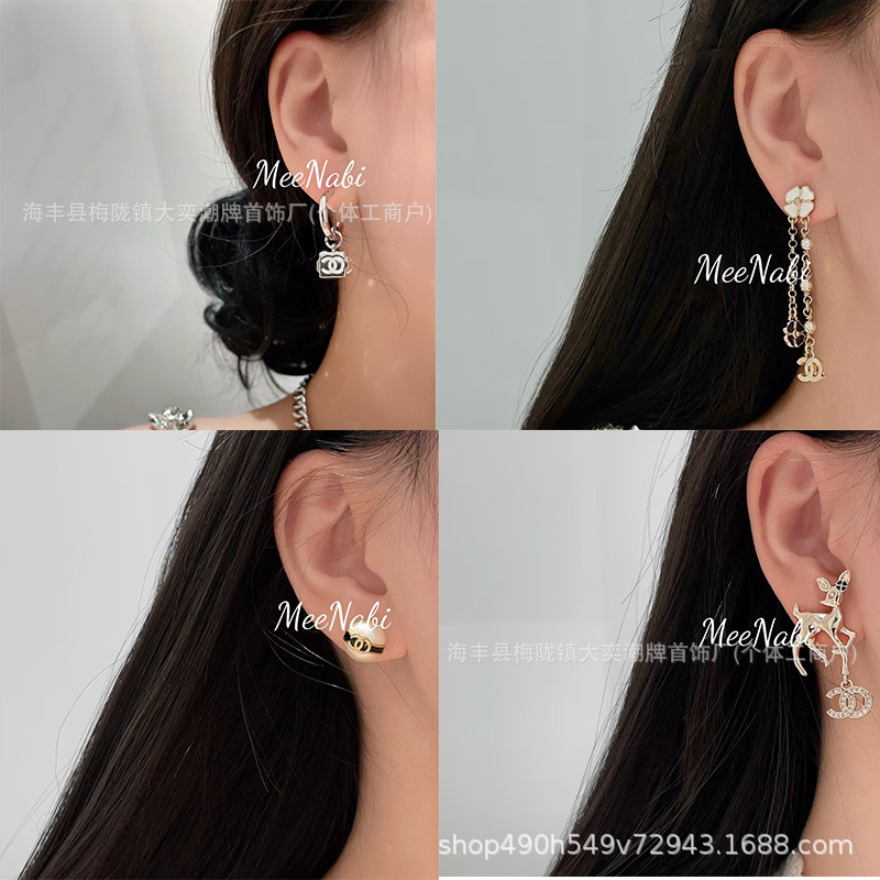 代购版微商专供2025p双c彩钻小鹿耳钉女 小香风双c耳饰 源头工厂