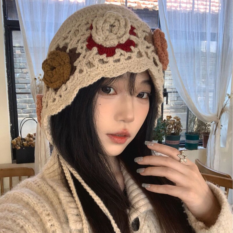 秋冬复古花朵流苏套头帽女民族风手工钩织毛线帽双层保暖护耳帽子|undefined