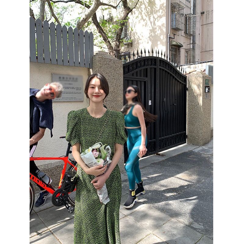 Retro green shiffon long summer dress