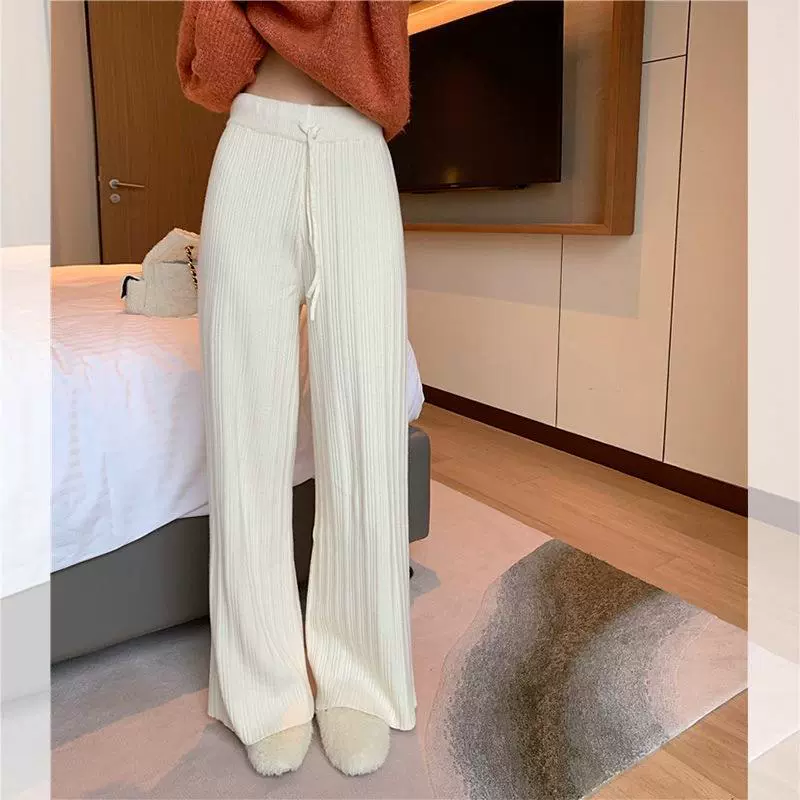 Женские трикотажные брюки с широкими штанинами, новинка 2023 года, повседневные однотонные длинные шерстяные брюки на шнуровке с высокой талией и драпировки на ранней осени