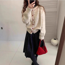 软糯撞色圆领毛衣外套女春秋2025新款设计感外穿慵懒针织开衫上衣