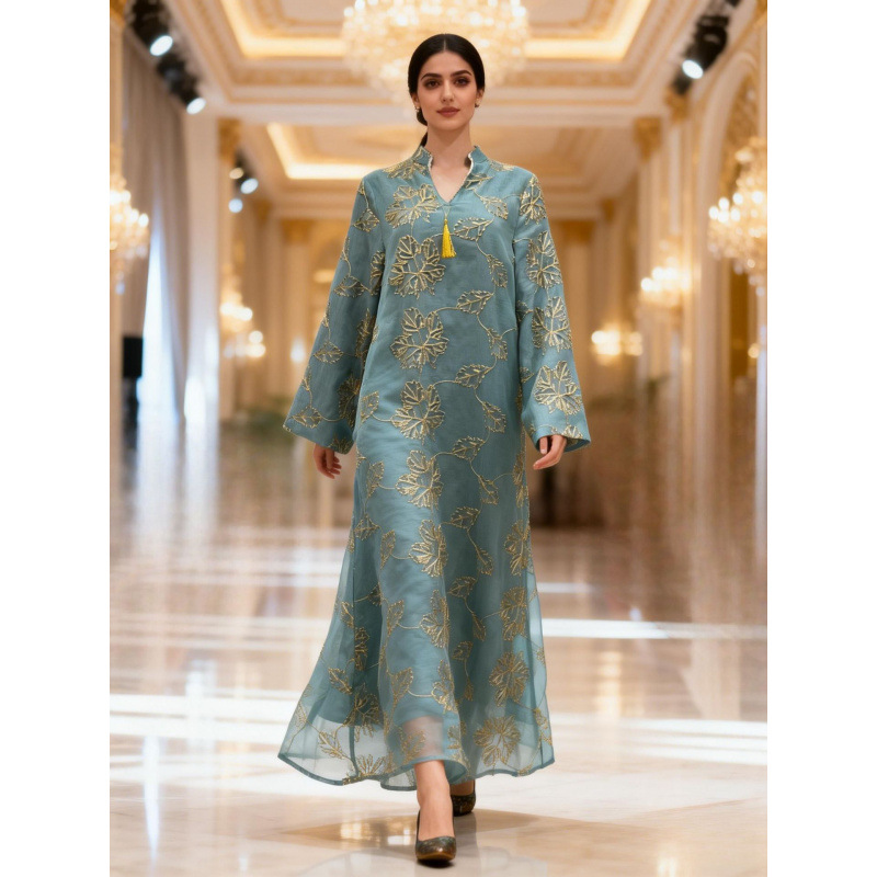 2026 New Gold Thread Embroidered Long Robe, Elegant and Loose-fitting V-neck Tassel Mesh Dress, Long Sleeve, Ethnic Style