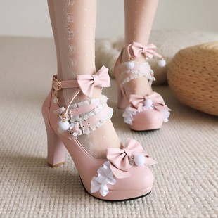 Girls' Prom High Heels Bow Mary Jane Women's Shoes Sweet Pink High Heels Princess Maid Cosplay