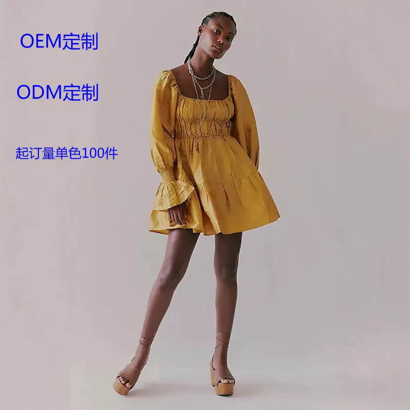 OEM,ODM定制，起订量单色100件纯色方领露背长袖打揽连衣裙