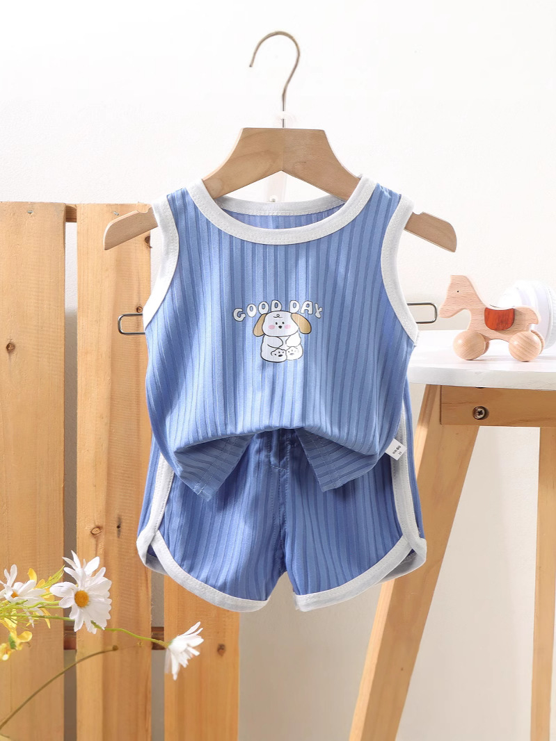 Traje de chaleco para niños, pantalones cortos sin mangas de seda de hielo finos de verano para niños y niñas, traje deportivo de ocio para bebés de dos piezas