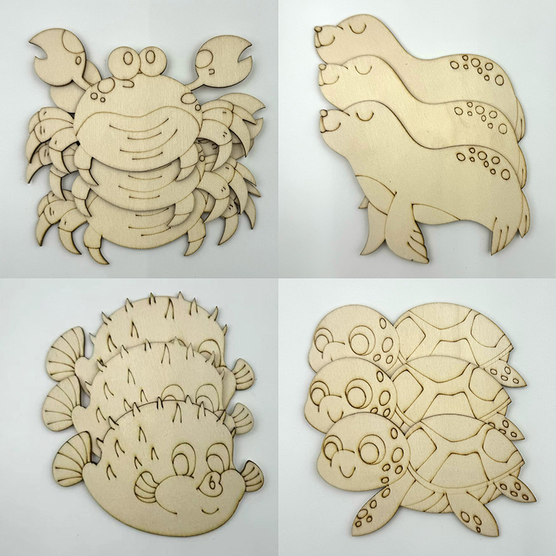 木质海洋五星海豚木片儿童DIY手绘木制绘画涂鸦海洋木片跨境批发