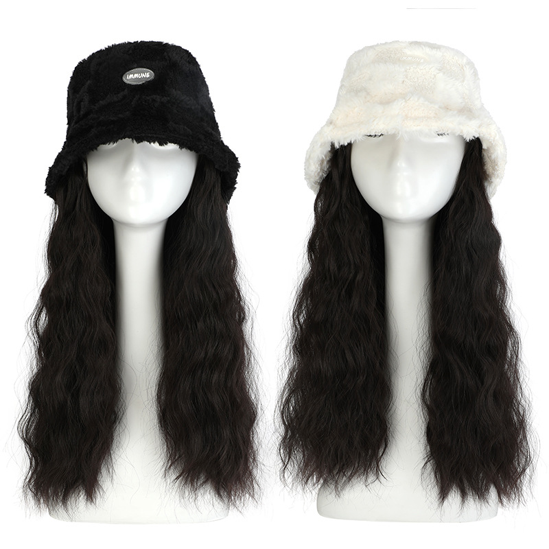 Hat, Wig, All-in-one Autumn and Winter New Plush Checkerboard Fisherman Hat, Corn Whisker Curly Hair, Women's Full Set Wig Hat_voghion.com