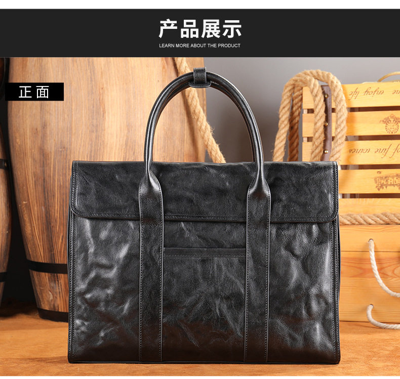 Cặp da nam Malute túi xách tay công sở da bò thật dung tích lớn đựng laptop 14 inch — Màu đen vân phẳng, Màu đen chi tiết 20