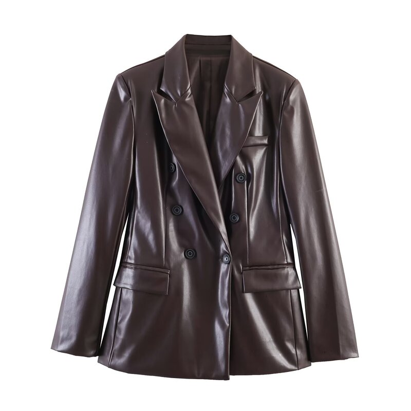 Nssf-Custom-Made-Foreign Trade New Style Cross-Border European and American Women's Fashion Double-Breasted Faux Leather Pu Leather Short Blazer Nssf-Custom-Made-Foreign Trade New Style Cross-Border European and American Women's Fashion Double-Breasted Faux Leather Pu Leather Short Blazer