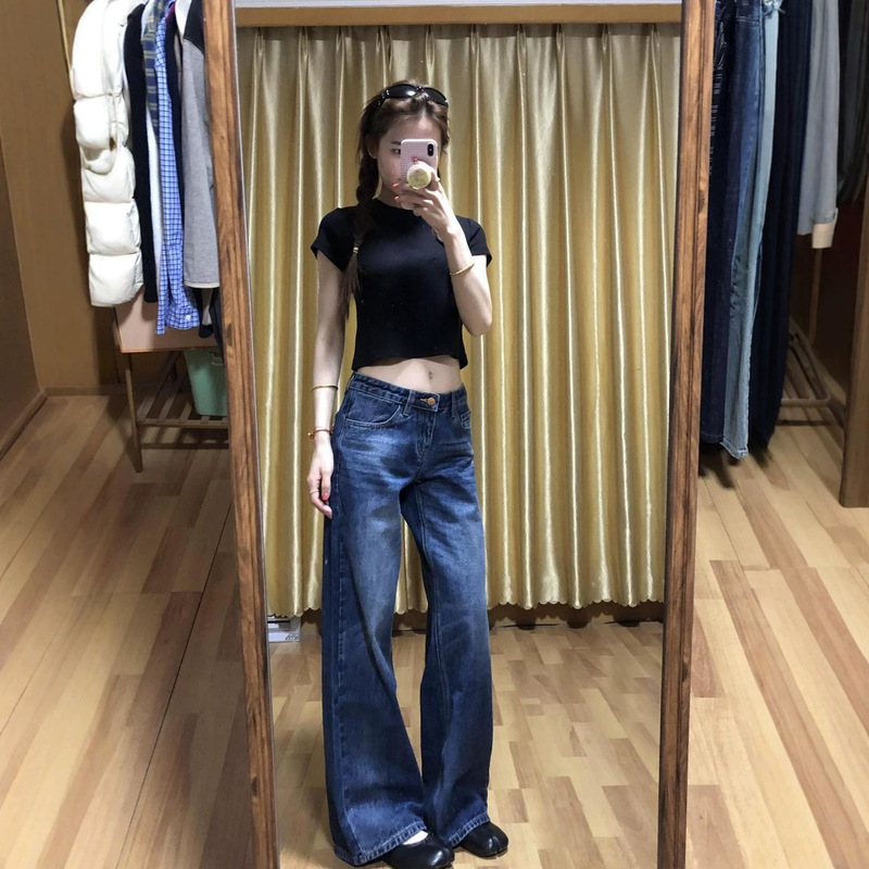 Dark blue American-style fashionable low-waist straight-leg jeans for women, new summer vintage hot girl slimming loose floor-length pants Dark blue American-style fashionable low-waist straight-leg jeans for women, new summer vintage hot girl slimming loose floor-length pants
