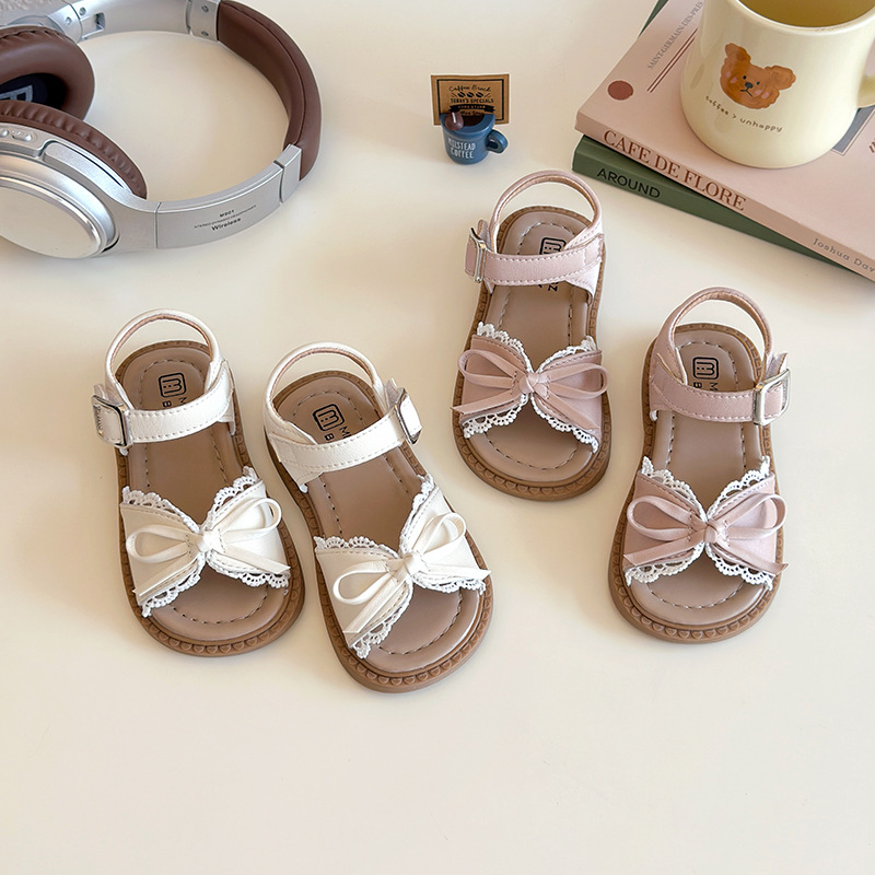 Girls' Cute Lace Bow Princess Sandals 2026 Korean Style Summer New Style Little Girl Soft-Soled Beach Shoes Trendy
