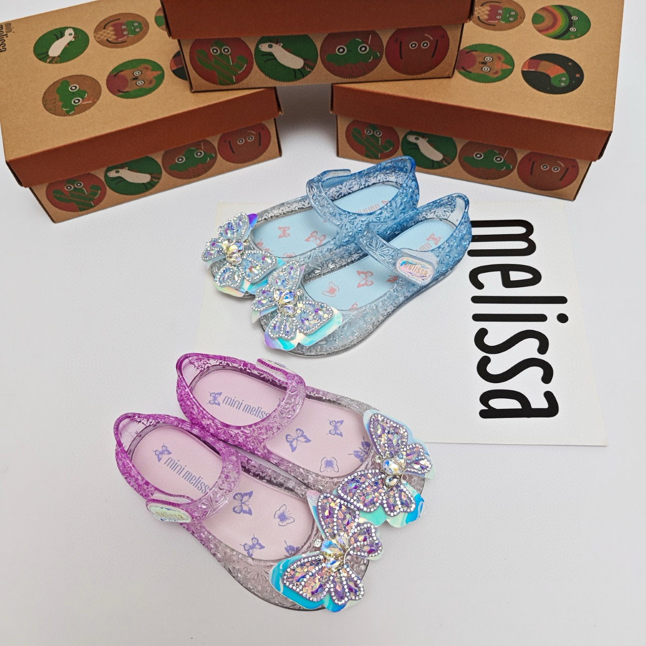 Children's shiny beach footwear with rhinestones with butterfly