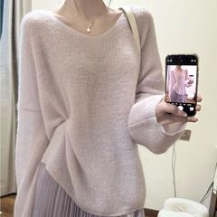 超软糯紫色圆领毛衣女2025春夏新款韩版宽松针织衫韩系慵懒风上衣