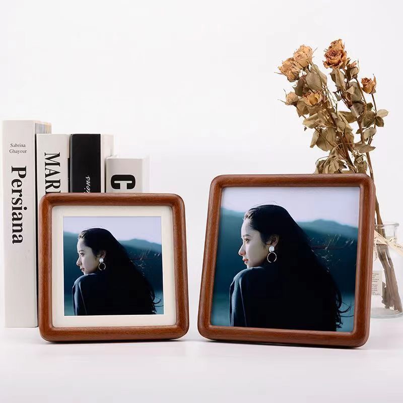 Solid Wood Photo Frame, Square Tabletop Display Frame, Wooden Mounting Frame with Mortise and Tenon Structure, Tabletop Photo Frame, Walnut Color Frame
