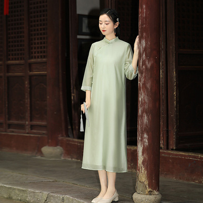 禅服连衣裙女别致设计感裙子秋款七分袖中式立领舞台服L5633美青