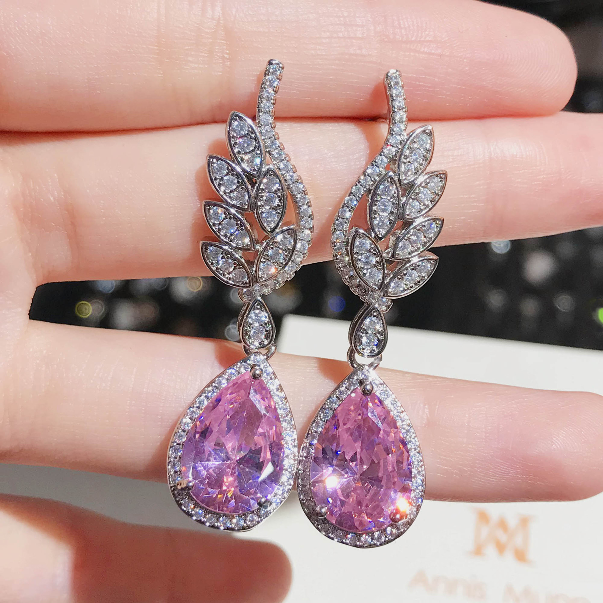 Internet Celebrity Live Hot Sale Light Luxury Romantic Argyle Pink Morgan Stone Stud Earrings Micro-inlaid Water Drop Pink Diamond Wings Earrings For Women display picture 7