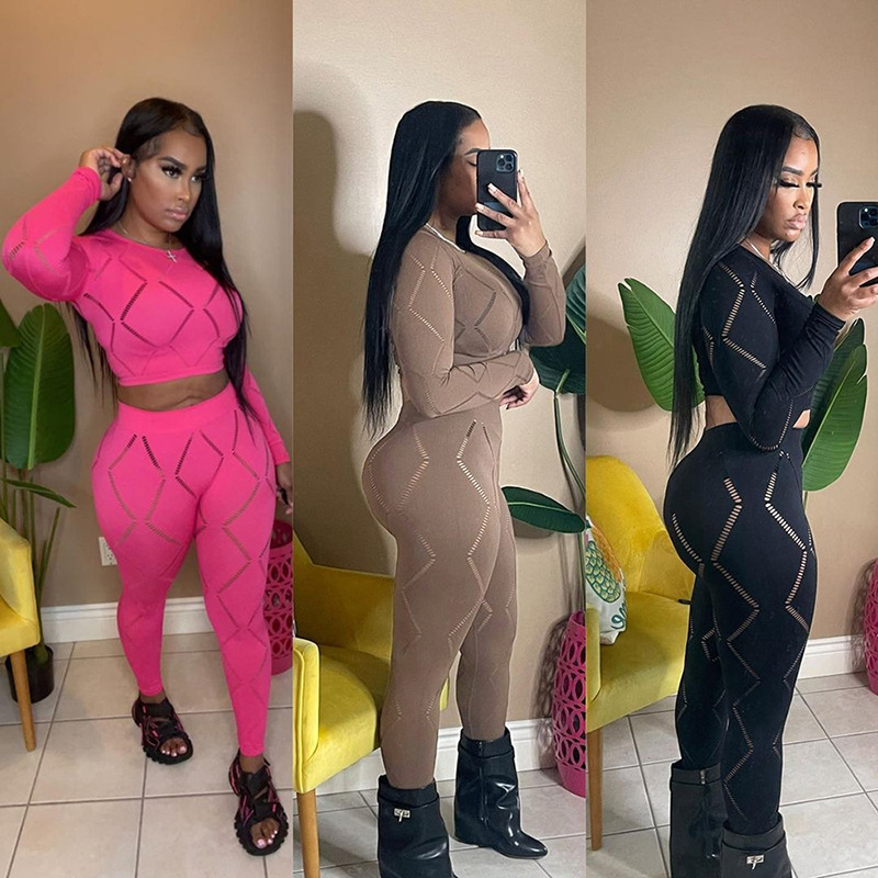 350g Weight Daily Street Women's Casual Sexy Solid Color Polyester Hollow Out Pant Co-ord Set Pants Sets