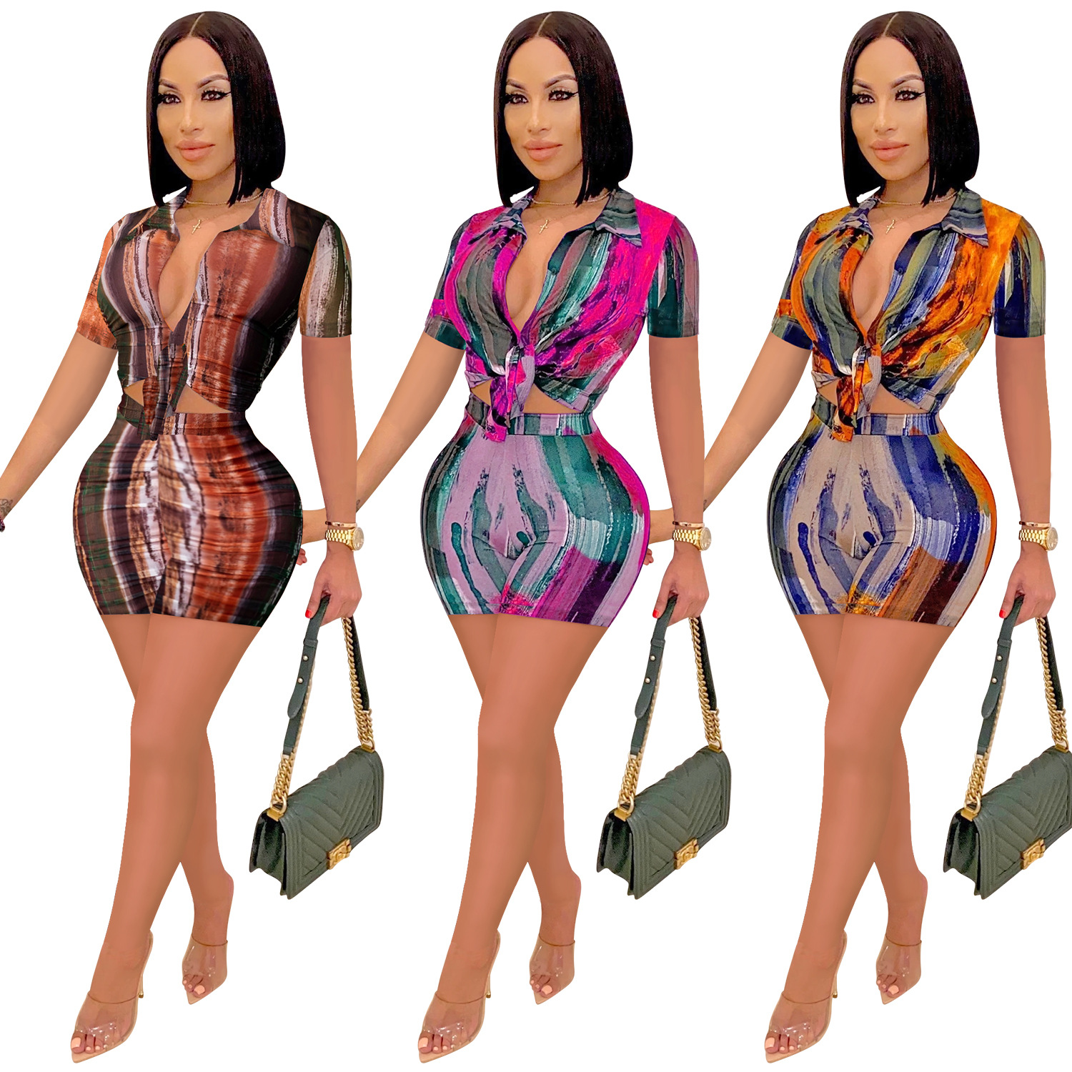 Oferta especial X5733, no reembolsable, no se permite el cambio, tenga en cuenta que se trata de un conjunto de dos piezas de pantalones cortos de manga larga con cuello en V y estampado digital de moda para mujer.