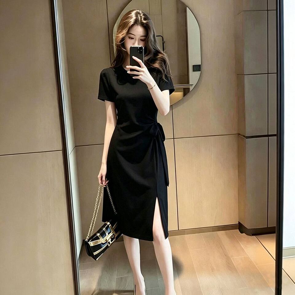 Đầm liền nữ dáng chữ A cổ polo tay ngắn buộc dây, xẻ tà, phong cách công sở thanh lịch — Màu hồng, màu đen chi tiết 11