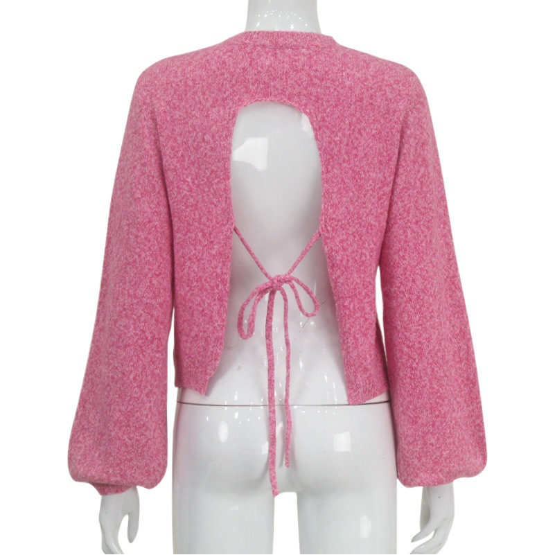 Suéter de punto con cordones en la espalda, estilo europeo y americano, para otoño e invierno, cuello redondo, manga larga, sexy, corto y versátil, top para chicas modernas