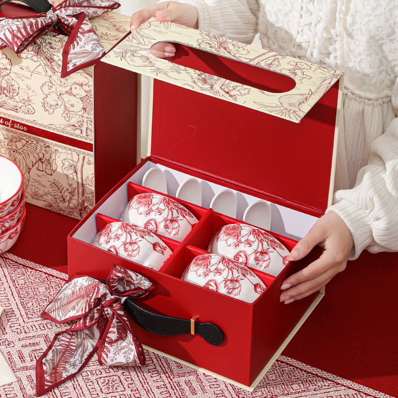 Ceramic High-grade Gift Underglaze Color Red Rose Chinese Tableware suit Household Housewarming Gift Bowl Business Activities Ceramic High-grade Gift Underglaze Color Red Rose Chinese Tableware suit Household Housewarming Gift Bowl Business Activities