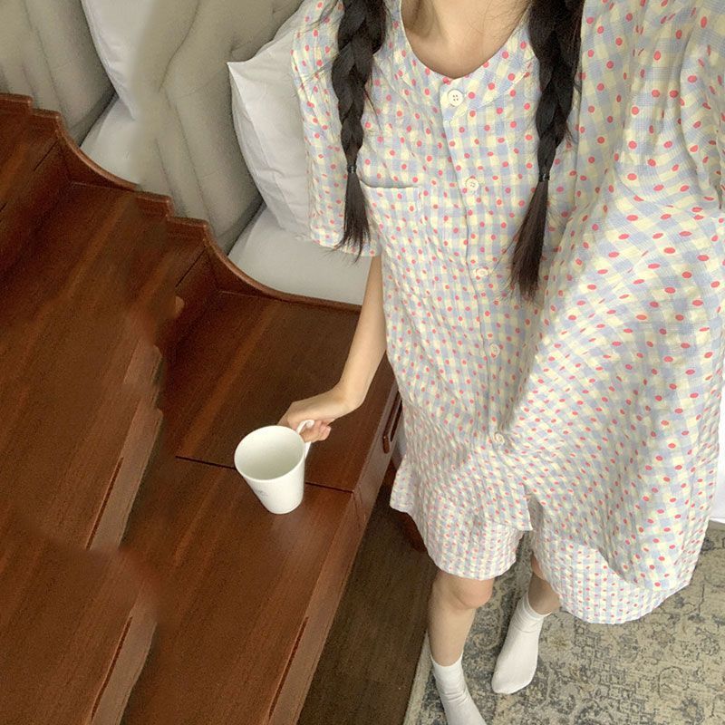可爱撞色格子番茄睡衣女夏季新款甜美简约短袖短裤宽松家居服套装|undefined