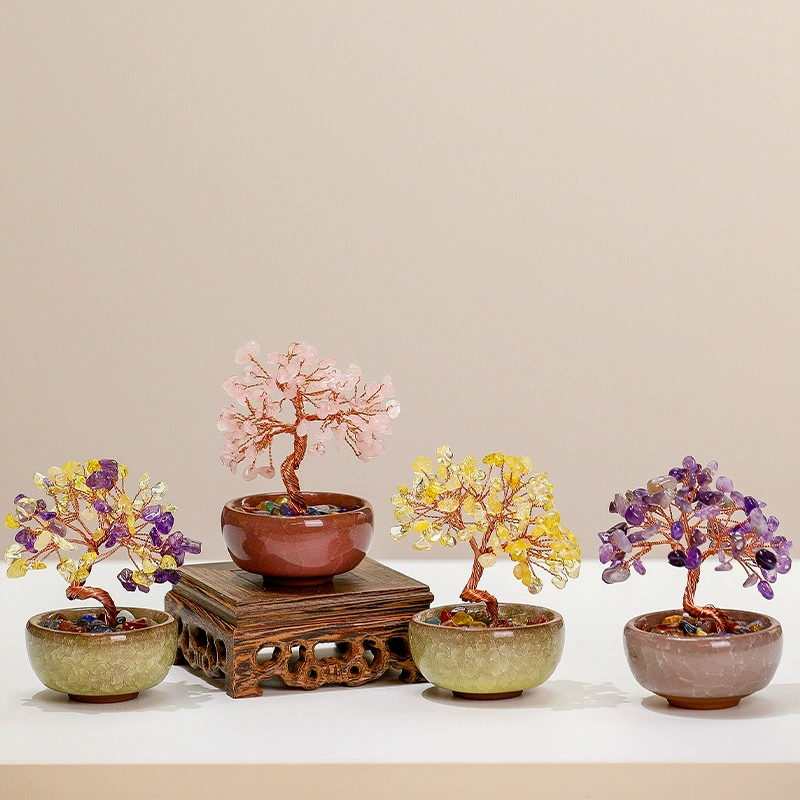 Трансграничные натуральные кристаллы из гравия, чтобы заработать на дереве ручное плетеное домашнее мини-хрустальное дерево маленькая украшение новый китайский бонсай