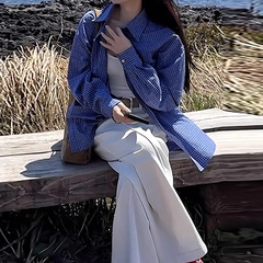 现货厂家批发 2025新款 时尚bai搭宽松显瘦格子衬衫上衣 女