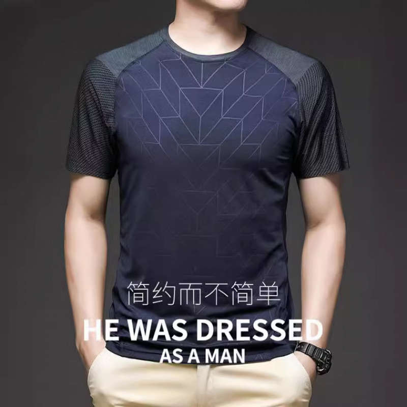 Camiseta de seda de hielo de manga corta para hombres, camiseta de secado rápido, estampado oscuro, moda de cuello redondo, nueva camiseta deportiva de fitness, delgada y transpirable.