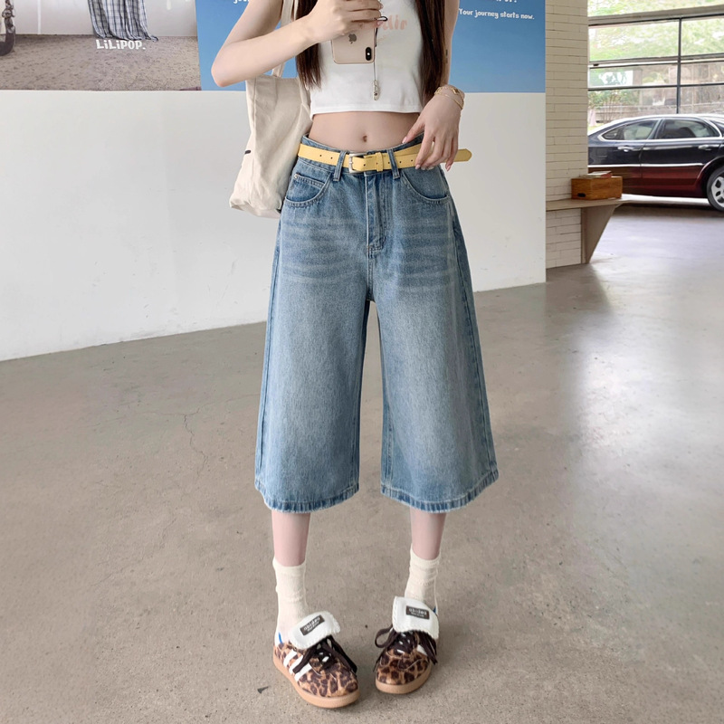 American Retro Cropped Jeans for Women, Summer Thin Casual Large Size Design High Waist Loose Wide Leg Straight Pants